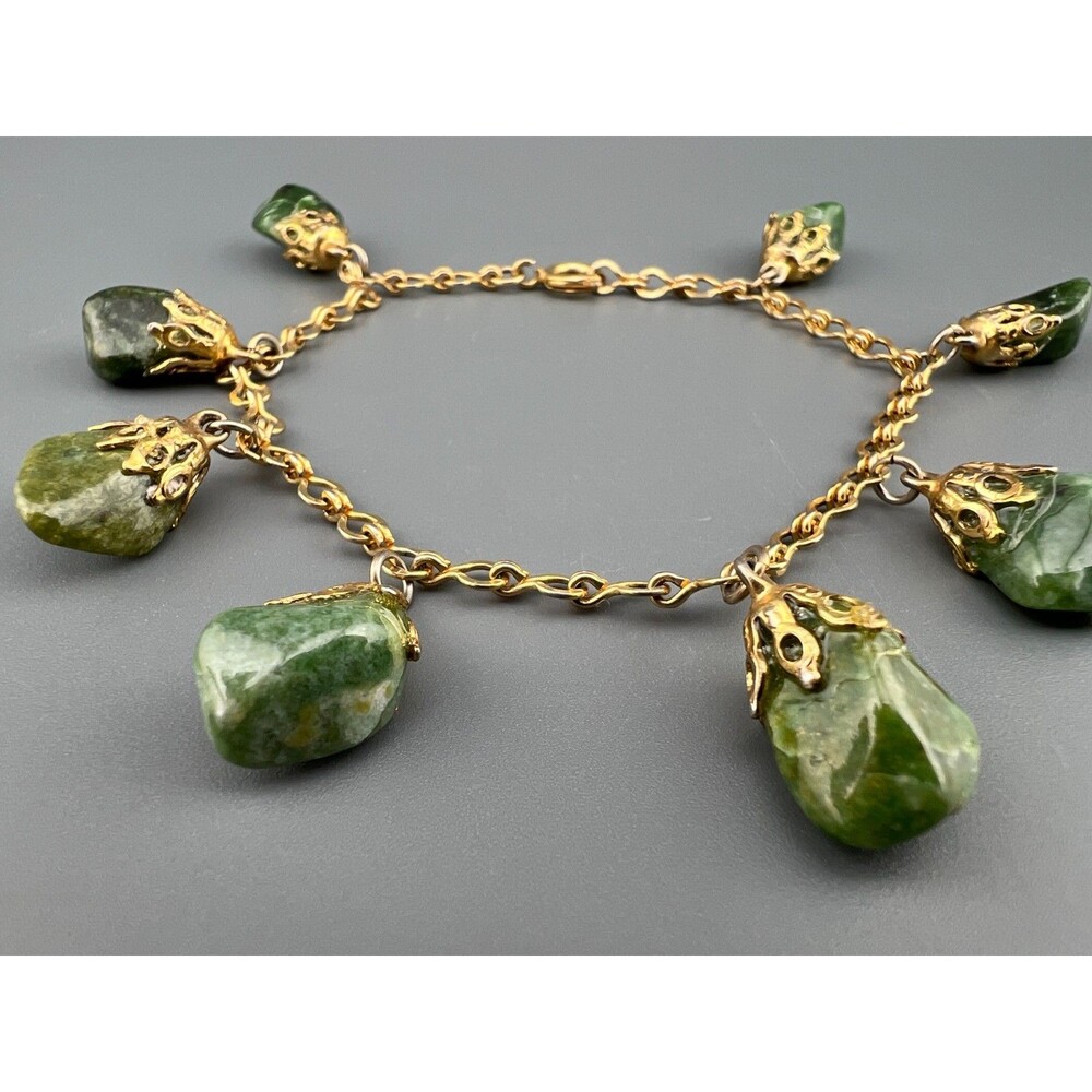 Vintage Charm Bracelet Green Gemstone Gold Tone Serpentine 7" Fancy Link Boho